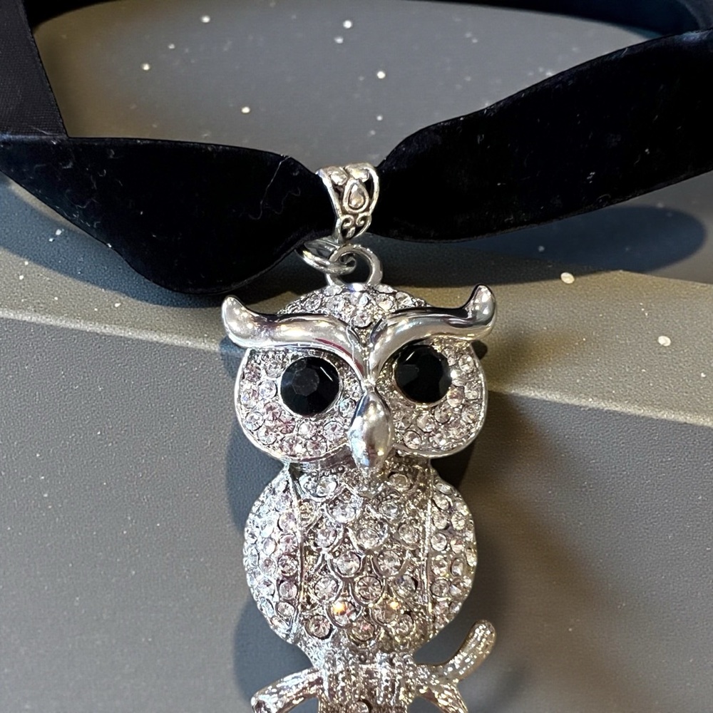 Vintage 80’s Rhinestone Owl Pendant Necklace Velvet Choker - Picture 13 of 17
